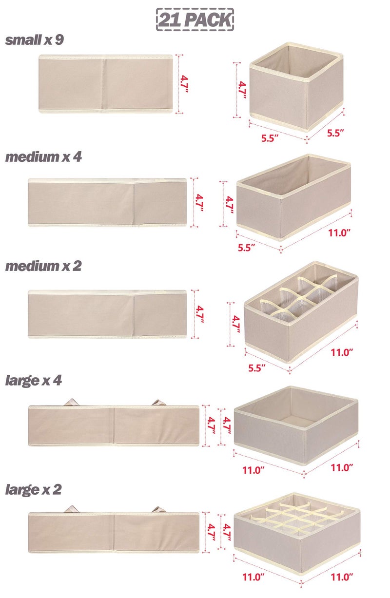 TENABORT 21 Pack Foldable Drawer Organizer Dividers Cloth Storage Box Closet Dresser Organizer Cube Fabric Containers Basket Bins for Underwear Bras Socks Panties Lingeries Nursery Baby Clothes Beige - Image 2